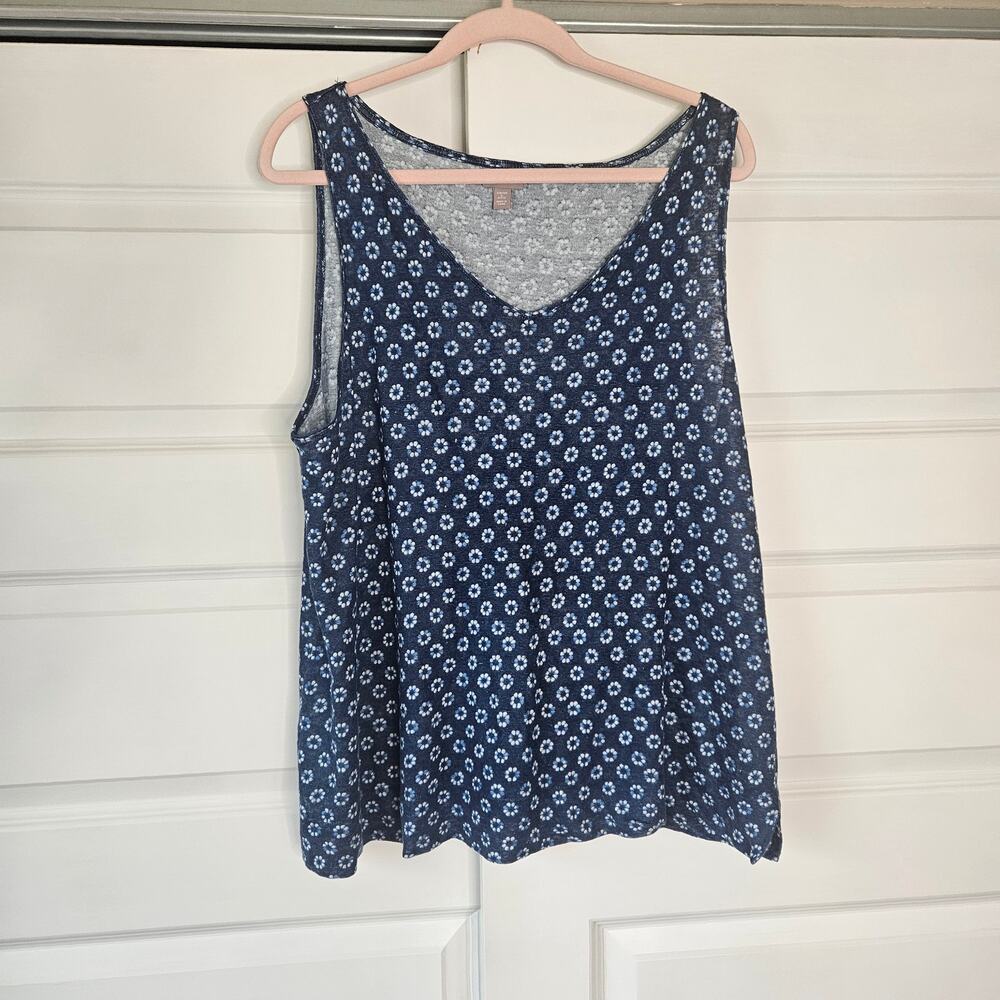 J. Jill Navy Blue White Geometric Stretch Tank Top Large Petite 100% Linen